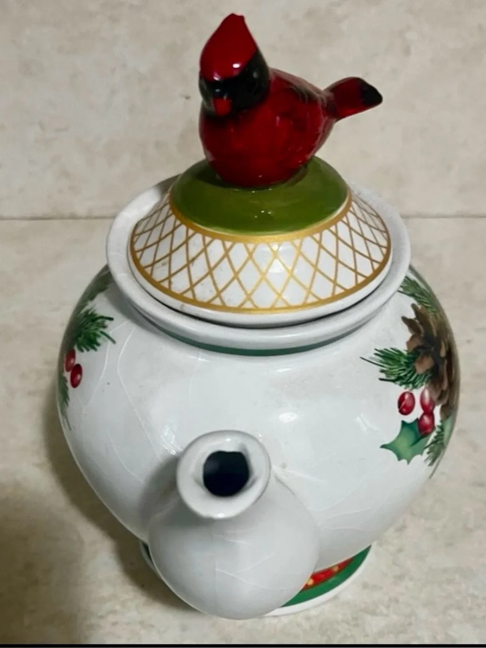 Holiday Pinecone & Cardinal Ceramic Teapot - Red Cardinal Accent